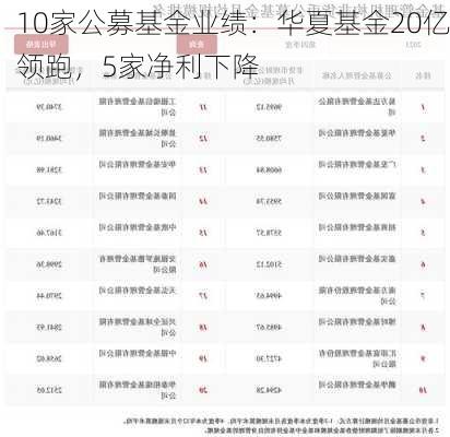 10家公募基金业绩：华夏基金20亿领跑，5家净利下降