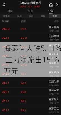 海泰科大跌5.11% 主力净流出1516万元