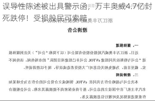 误导性陈述被出具警示函，万丰奥威4.7亿封死跌停！受损股民可索赔