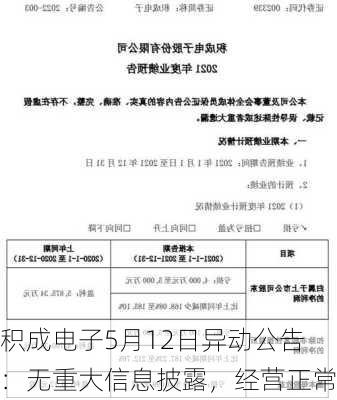 积成电子5月12日异动公告：无重大信息披露，经营正常