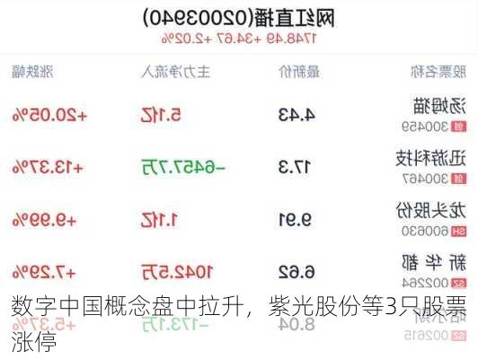 数字中国概念盘中拉升，紫光股份等3只股票涨停