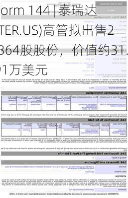 Form 144 | 泰瑞达(TER.US)高管拟出售2,364股股份，价值约31.91万美元