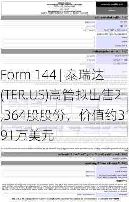 Form 144 | 泰瑞达(TER.US)高管拟出售2,364股股份，价值约31.91万美元