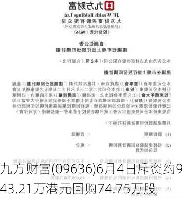 九方财富(09636)6月4日斥资约943.21万港元回购74.75万股