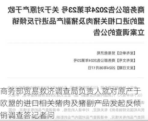 商务部贸易救济调查局负责人就对原产于欧盟的进口相关猪肉及猪副产品发起反倾销调查答记者问