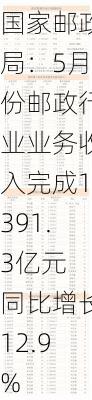 国家邮政局：5月份邮政行业业务收入完成1391.3亿元 同比增长12.9%