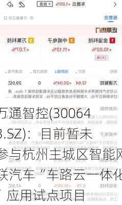 万通智控(300643.SZ)：目前暂未参与杭州主城区智能网联汽车“车路云一体化”应用试点项目