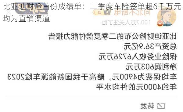 比亚迪财险首份成绩单：二季度车险签单超6千万元 均为直销渠道