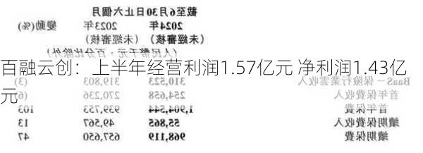 百融云创：上半年经营利润1.57亿元 净利润1.43亿元