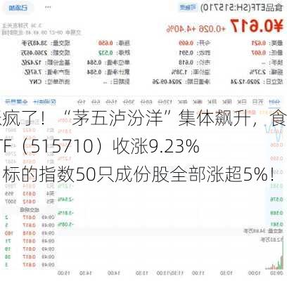 涨疯了！“茅五泸汾洋”集体飙升，食品ETF（515710）收涨9.23%，标的指数50只成份股全部涨超5%！