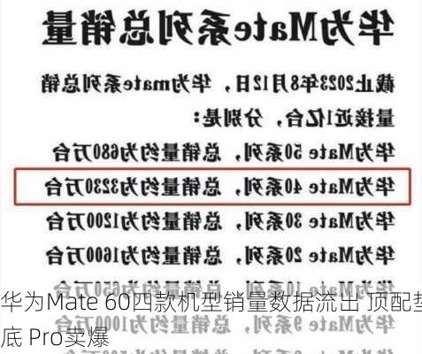 华为Mate 60四款机型销量数据流出 顶配垫底 Pro卖爆