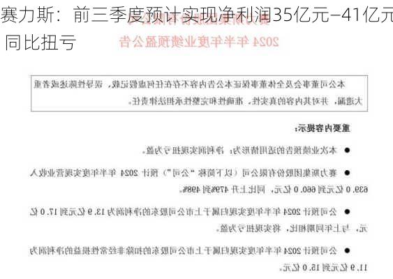 赛力斯：前三季度预计实现净利润35亿元―41亿元 同比扭亏