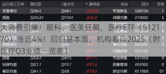 大消费引爆！眼科、医美狂飙，医疗ETF（512170）涨近4%！回归基本面，机构看向2025（附医疗Q3业绩一览表）