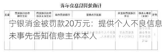 宁银消金被罚款20万元：提供个人不良信息未事先告知信息主体本人