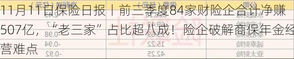 11月11日保险日报丨前三季度84家财险企合计净赚507亿，“老三家”占比超八成！险企破解商保年金经营难点