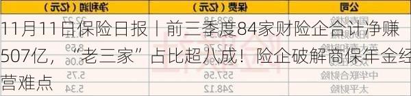 11月11日保险日报丨前三季度84家财险企合计净赚507亿，“老三家”占比超八成！险企破解商保年金经营难点