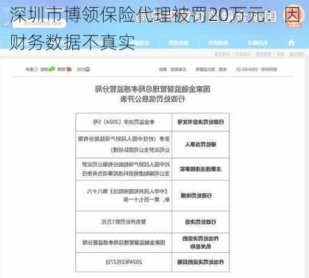 深圳市博领保险代理被罚20万元：因财务数据不真实