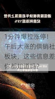 1分钟爆拉涨停！午后大涨的供销社板块，这些信息差你都知道吗？