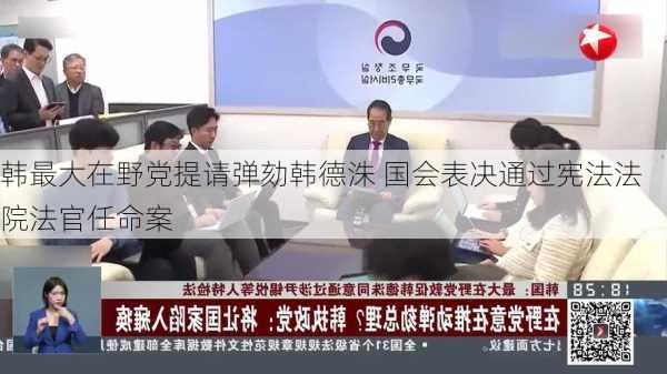 韩最大在野党提请弹劾韩德洙 国会表决通过宪法法院法官任命案